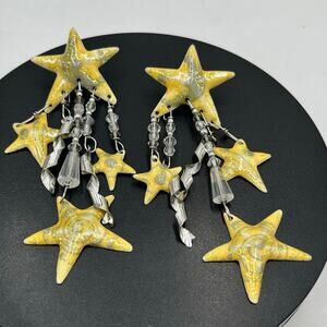 Lunch At The Ritz Vintage Earrings Golden Glitter Stars Moon Signed Designer 86